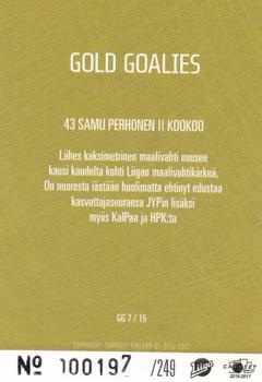 2016-17 Cardset Finland - Gold Goalies #GG7 Samu Perhonen Back