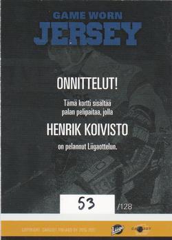 2016-17 Cardset Finland - Game Worn Jersey Series 2 Exchange #GWJ1 Henrik Koivisto Back