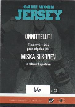2016-17 Cardset Finland - Game Worn Jersey Series 2 Exchange #GWJ4 Miska Siikonen Back
