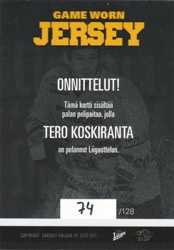 2016-17 Cardset Finland - Game Worn Jersey Series 2 Exchange #GWJ5 Tero Koskiranta Back