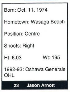 1992-93 Oshawa Generals (OHL) #NNO Jason Arnott Back