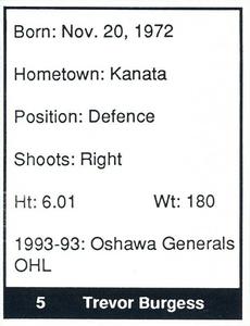 1992-93 Oshawa Generals (OHL) #NNO Trevor Burgess Back