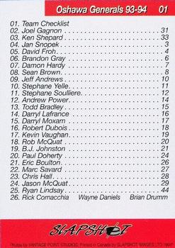 1993-94 Slapshot Oshawa Generals (OHL) #1 Checklist Back