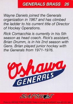 1993-94 Slapshot Oshawa Generals (OHL) #26 Rick Cornacchia / Wayne Daniels / Brian Drumm Back