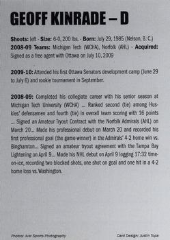 2009-10 Just Sports Photography Binghamton Senators (AHL) #14 Geoff Kinrade Back