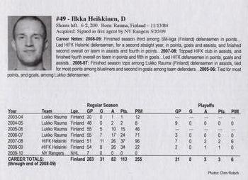 2009-10 Hartford Wolf Pack (AHL) Kid's Club #NNO Ilkka Heikkinen Back