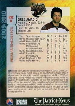 2009-10 Hershey Bears (AHL) #NNO Greg Amadio Back
