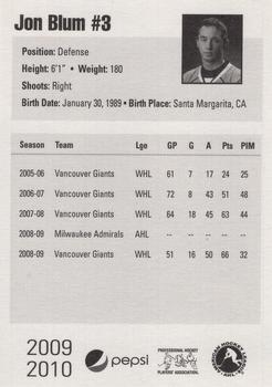 2009-10 Pepsi Milwaukee Admirals (AHL) #NNO Jonathon Blum Back
