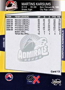 2009-10 Norfolk Admirals (AHL) #13 Martins Karsums Back