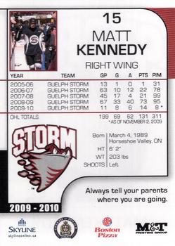 2009-10 M&T Printing Guelph Storm (OHL) #NNO Matt Kennedy Back