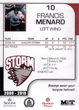 2009-10 M&T Printing Guelph Storm (OHL) #NNO Francis Menard Back