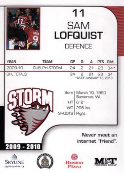 2009-10 M&T Printing Guelph Storm (OHL) #NNO Sam Lofquist Back