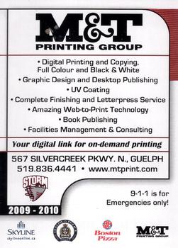 2009-10 M&T Printing Guelph Storm (OHL) #NNO M&T Printing Group Back