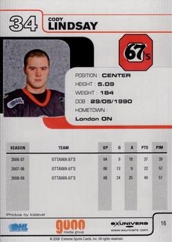 2009-10 Extreme Ottawa 67's (OHL) #16 Cody Lindsay Back
