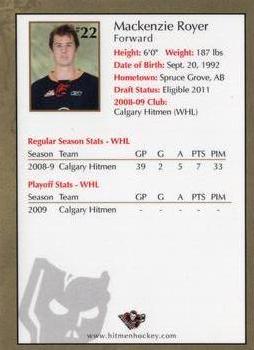 2009-10 Husky/Mohawk Calgary Hitmen (WHL) #NNO Mackenzie Royer Back