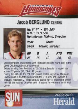 2009-10 Lethbridge Herald Lethbridge Hurricanes (WHL) #NNO Jacob Berglund Back