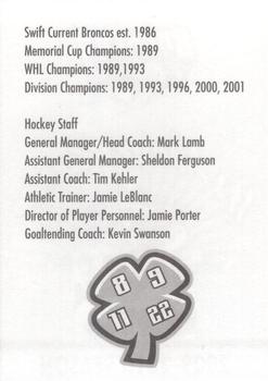 2009-10 Swift Current Broncos (WHL) #NNO Header Card Back