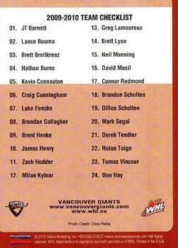 2009-10 Choice Vancouver Giants (WHL) #NNO Checklist Back