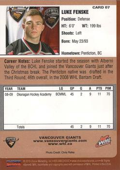 2009-10 Choice Vancouver Giants (WHL) #7 Luke Fenske Back