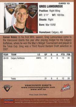 2009-10 Choice Vancouver Giants (WHL) #13 Greg Lamoureux Back