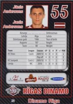 2010-11 Riga Dynamo (KHL) #21 Janis Andersons Back