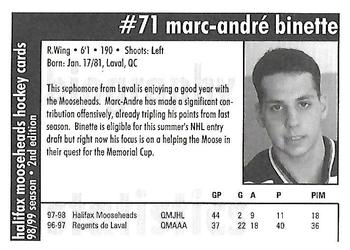 1998-99 Halifax Mooseheads (QMJHL) Second Edition #9 Marc-Andre Binette Back