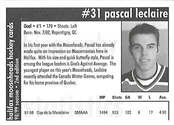 1998-99 Halifax Mooseheads (QMJHL) Second Edition #22 Pascal Leclaire Back