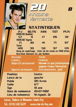 2000-01 Cartes, Timbres et Monnaies Sainte-Foy Victoriaville Tigres (QMJHL) #8 Antoine Vermette Back