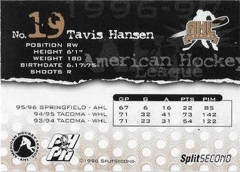 1996-97 SplitSecond Springfield Falcons (AHL) #NNO Tavis Hansen Back