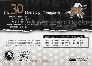 1996-97 SplitSecond Springfield Falcons (AHL) #NNO Manny Legace Back