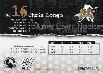 1996-97 SplitSecond Springfield Falcons (AHL) #NNO Chris Longo Back