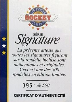 1994-95 Zellers Masters of Hockey #NNO Certificate of Authenticity Signature Puck Back