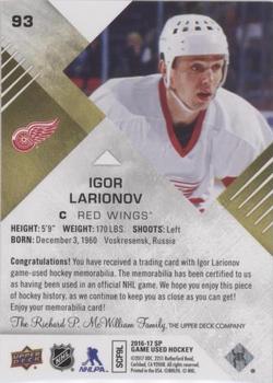 2016-17 SP Game Used - Gold Material #93 Igor Larionov Back