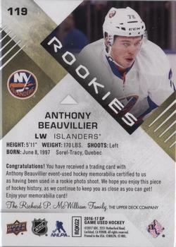 2016-17 SP Game Used - Gold Material Spectrum Premium #119 Anthony Beauvillier Back