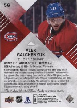 2016-17 SP Game Used - Red Autograph Material #56 Alex Galchenyuk Back