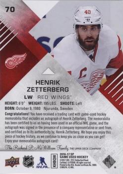 2016-17 SP Game Used - Red Autograph Material #70 Henrik Zetterberg Back