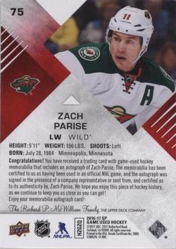2016-17 SP Game Used - Red Autograph Material #75 Zach Parise Back