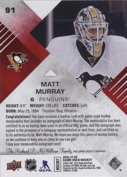 2016-17 SP Game Used - Red Autograph Material #91 Matt Murray Back