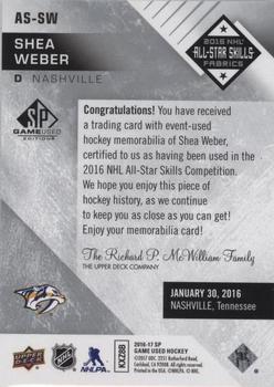 2016-17 SP Game Used - 2016 All-Star Skills Fabrics #AS-SW Shea Weber Back