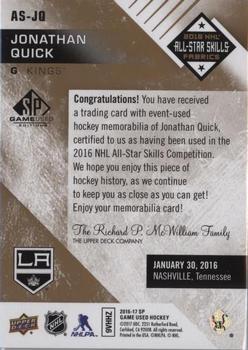 2016-17 SP Game Used - 2016 All-Star Skills Fabrics Patch #AS-JQ Jonathan Quick Back