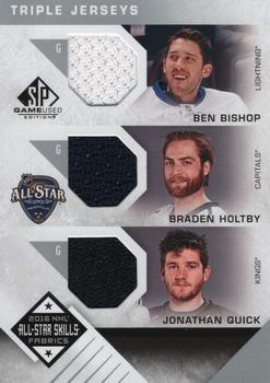 2016-17 SP Game Used - 2016 All-Star Skills Fabrics Triples #AS3-BHQ Ben Bishop / Braden Holtby / Jonathan Quick Front