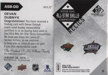 2016-17 SP Game Used - 2016 All-Star Skills Relic Blends #ASB-DD Devan Dubnyk Back