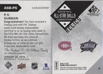 2016-17 SP Game Used - 2016 All-Star Skills Relic Blends #ASB-PS P.K. Subban Back