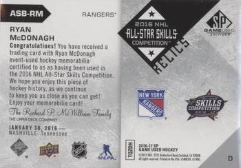 2016-17 SP Game Used - 2016 All-Star Skills Relic Blends #ASB-RM Ryan McDonagh Back