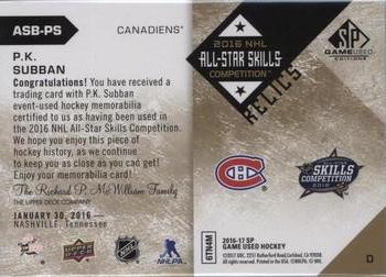 2016-17 SP Game Used - 2016 All-Star Skills Relic Blends Patch #ASB-PS P.K. Subban Back