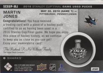 2016-17 SP Game Used - 2016 Stanley Cup Finals Game-Used Pucks #SCGUP-MJ Martin Jones Back
