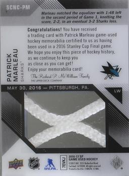 2016-17 SP Game Used - 2016 Stanley Cup Finals Material Net Cord #SCNC-PM Patrick Marleau Back