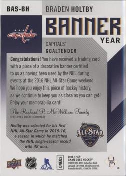 2016-17 SP Game Used - Banner Year All-Star 2016 #BAS-BH Braden Holtby Back