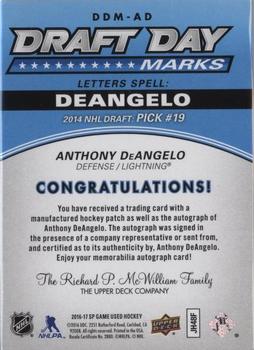 2016-17 SP Game Used - Draft Day Marks Manufactured Letters #DDM-AD Anthony DeAngelo Back