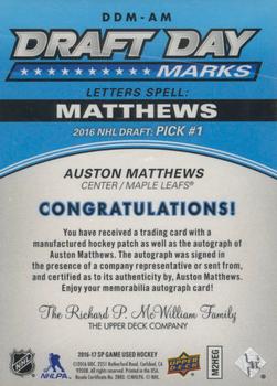 2016-17 SP Game Used - Draft Day Marks Manufactured Letters #DDM-AM Auston Matthews Back